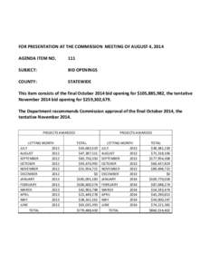 FOR PRESENTATION AT THE COMMISSION MEETING OF AUGUST 4, 2014 AGENDA ITEM NO[removed]SUBJECT: