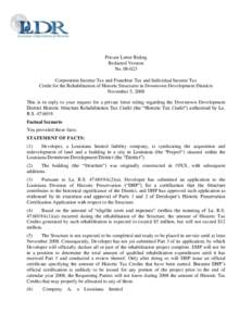 PLR No[removed]Corporation Income Tax and Franchise Tax and Individual Income Tax Credit for the Rehabilitation of Historic Structures in Downtown Development Districts (November 5, 2008)