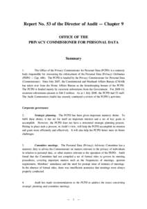 Report No. 53 of the Director of Audit — Chapter 9 OFFICE OF THE PRIVACY COMMISSIONER FOR PERSONAL DATA Summary 1.