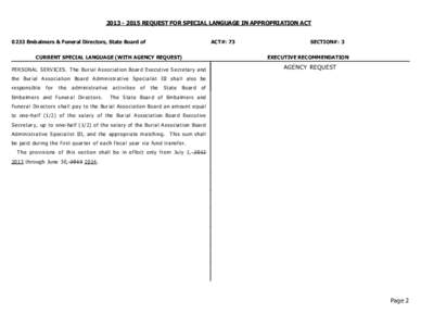 [removed]REQUEST FOR SPECIAL LANGUAGE IN APPROPRIATION ACT 0233 Embalmers & Funeral Directors, State Board of ACT#: 73  CURRENT SPECIAL LANGUAGE (WITH AGENCY REQUEST)