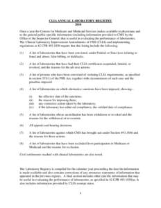 CLIA ANNUAL LABORATORY REGISTRY 2010 Once a year the Centers for Medicare and Medicaid Services makes available to physicians and to the general public specific information (including information provided to CMS by the O