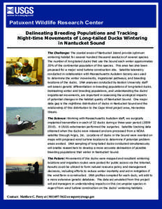 Patuxent Wildlife Research Center Delineating Breeding Populations and Tracking Night-time Movements of Long-tailed Ducks Wintering in Nantucket Sound The Challenge: The coastal areas of Nantucket Island provide optimum 