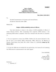 URGENT Govt. of India Ministry of Finance Department of Revenue Central Board of Excise & Customs New Delhi, 