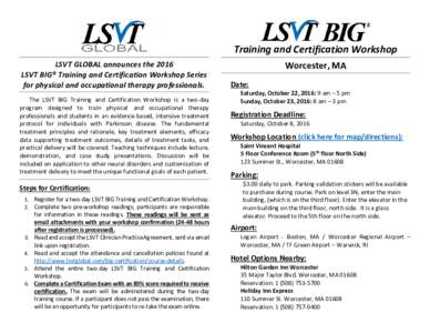 Training and Certification Workshop LSVT GLOBAL announces the 2016 LSVT BIG® Training and Certification Workshop Series for physical and occupational therapy professionals. The LSVT BIG Training and Certification Worksh