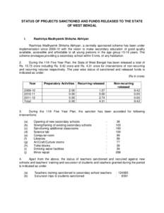 STATUS OF PROJECTS SANCTIONED AND FUNDS RELEASED TO THE STATE OF WEST BENGAL I.  Rashtriya Madhyamik Shiksha Abhiyan