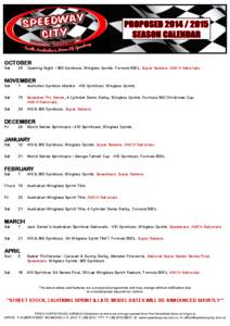OCTOBER Sat 25  Opening Night[removed]Sprintcars, Wingless Sprints, Formula 500’s, Super Sedans, AMCA Nationals.