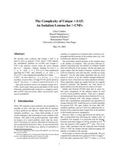 The Complexity of Unique -SAT: An Isolation Lemma for -CNFs Chris Calabro Russell Impagliazzo Valentine Kabanets Ramamohan Paturi