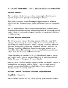 MAURITIUS 2013 INTERNATIONAL RELIGIOUS FREEDOM REPORTReligious Freedom Report