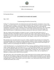 U.S. DEPARTMENT OF STATE Office of the Spokesperson For Immediate Release STATEMENT BY SECRETARY KERRY May 5, 2015
