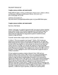 PRE-PRINT VERSION OF Complex systems, evolution, and animal models PUBLISHED IN Studies in History and Philosophy of Science Part C: Studies in History and Philosophy of Biological and Biomedical Sciences. 2011;42(4):542