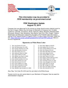 This information may be provided to FEW membership via government email FEW Washington Update August 15, 2014 Congress has now adjourned for the summer so things should remain relatively quiet for the rest of August. Bef