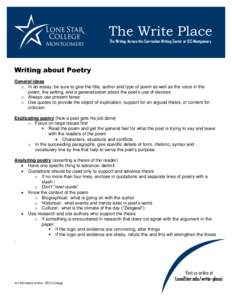 The Write Place The Writing-Across-the-Curriculum Writing Center at LSC-Montgomery Writing about Poetry General ideas o In an essay, be sure to give the title, author and type of poem as well as the voice in the