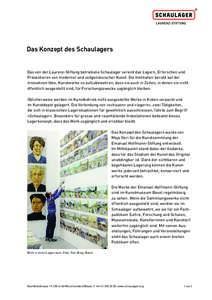 Das Konzept des Schaulagers  Das von der Laurenz-Stiftung betriebene Schaulager vereint das Lagern, Erforschen und Präsentieren von moderner und zeitgenössischer Kunst. Die Institution beruht auf der innovativen Idee, 