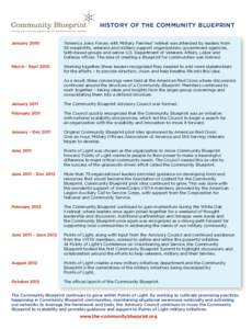 HISTORY OF THE COMMUNITY BLUEPRINT January 2010 	“America Joins Forces with Military Families” retreat was attended by leaders from 55 nonprofits, veterans and military support organizations, government agencies, fa