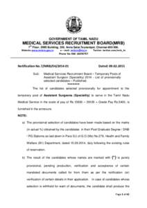 GOVERNMENT OF TAMIL NADU  MEDICAL SERVICES RECRUITMENT BOARD(MRB) 7th Floor, DMS Building, 359, Anna Salai,Teynampet, ChennaiWebsite www.mrb.tn.gov.in e – mail: 