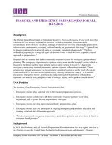 Position Statement  DISASTER AND EMERGENCY PREPAREDNESS FOR ALL HAZARDS  Description