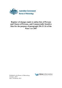 Register of changes made to online lists of Persons and Classes of Persons, and Commercially Sensitive Sites for the purpose of paragraphb) of the Water ActPublished by the Bureau of Meteorology