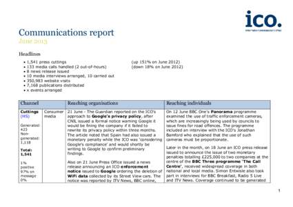 Communications report June 2013 Headlines   