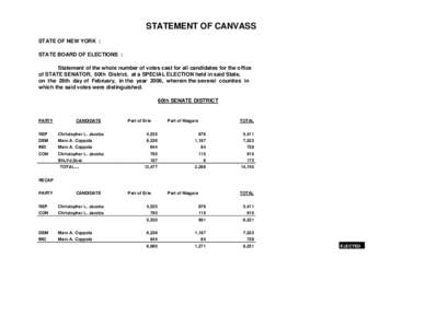 STATEMENT OF CANVASS STATE OF NEW YORK : STATE BOARD OF ELECTIONS : Statement of the whole number of votes cast for all candidates for the office of STATE SENATOR, 60th District, at a SPECIAL ELECTION held in said State,