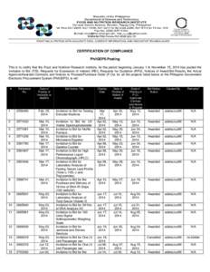 CERTIFICATION OF COMPLIANCE PhilGEPS Posting This is to certify that the Food and Nutrition Research Institute, for the period beginning January 1 to November 15, 2014 has posted the Invitation to Bid (ITB), Requests for