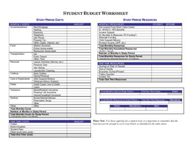 STUDENT BUDGET WORKSHEET STUDY PERIOD COSTS MONTHLY COSTS Accommodations  Food