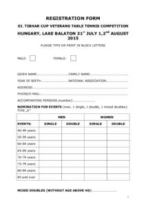 REGISTRATION FORM XI. TIBHAR CUP VETERANS TABLE TENNIS COMPETITION HUNGARY, LAKE BALATON 31st JULY 1,2nd AUGUST 2015 PLEASE TYPE OR PRINT IN BLOCK LETTERS