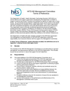 Health Information Technology Services (HITS-NS) – Management Committee  HITS-NS Management Committee Terms of Reference The Department of Health, Health Information Technology Services (HITS-NS) is a service delivery 
