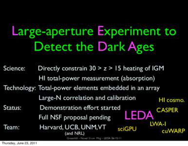 Large-aperture Experiment to Detect the Dark Ages Science: Directly constrain 30 > z > 15 heating of IGM HI total-power measurement (absorption)