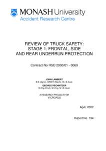 REVIEW OF TRUCK SAFETY: STAGE 1: FRONTAL, SIDE AND REAR UNDERRUN PROTECTION Contract No RSD[removed]JOHN LAMBERT