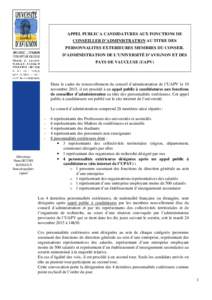 APPEL PUBLIC A CANDIDATURES AUX FONCTIONS DE CONSEILLER D’ADMINISTRATION AU TITRE DES PERSONNALITES EXTERIEURES MEMBRES DU CONSEIL D’ADMINISTRATION DE L’UNIVERSITÉ D’AVIGNON ET DES PAYS DE VAUCLUSE (UAPV)