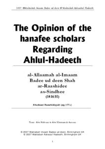 2007 ©Maktabah Imaam Badee ud deen & Maktabah Ashaabul Hadeeth  The Opinion of the hanafee scholars Regarding Ahlul-Hadeeth