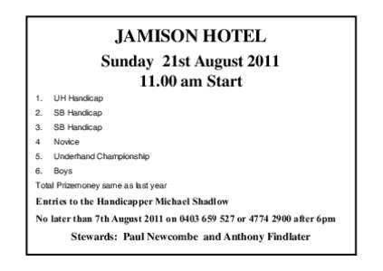 Jamison Hotel Sunday 21st Augustam Start 1.	  UH Handicap
