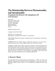 Psyche 7(17): The Relationship Between Phenomenality and Intentionality: Comments On Siewert's The Significance Of Consciousness by Brie Gertler