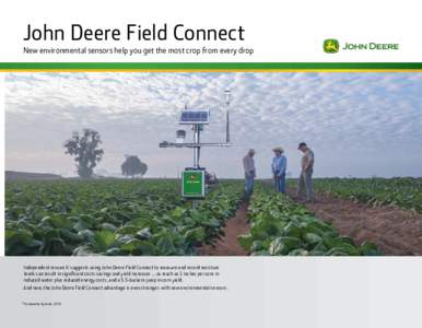 John Deere Field Connect  New environmental sensors help you get the most crop from every drop Independent research* suggests using John Deere Field Connect to measure and record moisture levels can result in significant