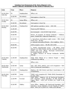 Tentative Tour Programme of Dr. Darez Ahamed, I.A.S., District Collector, Perambalur for the month of February 2014 Date