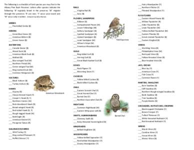 The following is a checklist of bird species you may find in the Albany Pine Bush Preserve. Letters after species indicate the following: ‘B’ regularly breed in the preserve; ‘M’ migrate through the preserve; ‘