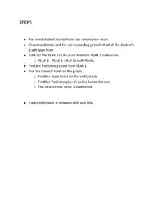 STEPS • You need student scores from two consecutive years • Choose a domain and the corresponding growth chart at the student’s grade span from • Subtract the YEAR 1 scale score from the YEAR 2 scale score o YEA