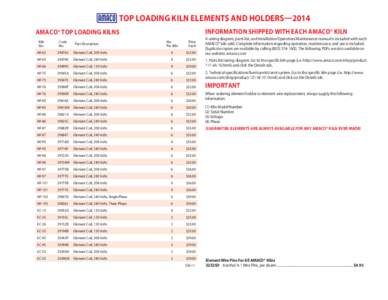 TOP LOADING KILN ELEMENTS AND HOLDERS—2014 INFORMATION SHIPPED WITH EACH AMACO® KILN AMACO® TOP LOADING KILNS Kiln No.