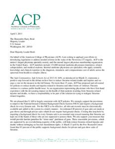 Letter to Sen. Reid Supporting Legislation to Reduce Firearms-Related Deaths and Injuries