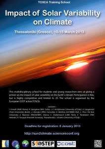 TOSCA Training School  Impact of Solar Variability on Climate Thessaloniki (Greece), 10-15 March 2013