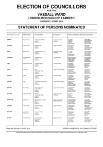 ELECTION OF COUNCILLORS FOR THE VASSALL WARD LONDON BOROUGH OF LAMBETH THURSDAY, 22 MAY 2014