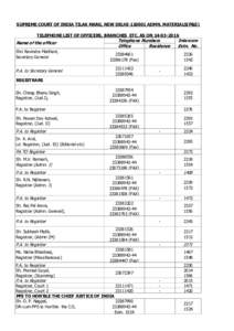 SUPREME COURT OF INDIA TILAK MARG, NEW DELHIADMN. MATERIALS(P&S) TELEPHONE LIST OF OFFICERS, BRANCHES ETC. AS ONName of the officer Shri Ravindra Maithani, Secretary General