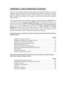 APPENDIX A: ISSUE RESPONSE SUMMARY A total of 163 comments (including a petition signed by multiple individuals) were received during the public notice period for the KARSUA draft decision. Enclosed is the Issue Response