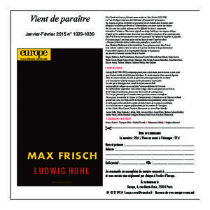 Vient de Paraître – Max Frisch – Ludwig Hohl