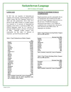 Saskatchewan Language 2011 Census of Canada LANGUAGE CHANGE IN MOTHER TONGUE COMPOSITION