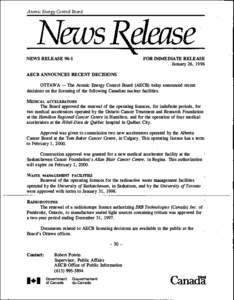 Atomic Energy Control Board  FOR IMMEDIATE RELEASE NEWS RELEASE 96-1