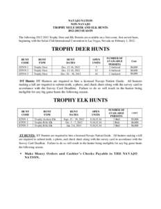 NAVAJO NATION NON-NAVAJO TROPHY MULE DEER AND ELK HUNTSSEASON The followingTrophy Deer and Elk Permits are available on a first-come, first served basis, beginning with the Safari Club International