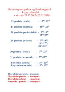 Harmonogram godzin ogólnodostępnych krytej pływalni w okresiegrudnia (środa