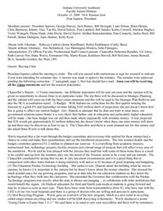 Indiana University Southeast Faculty Senate Minutes October 15, [removed]Hoosier East Fran Squires, President Members present: President Squires, George Harvey, Jack Ramey, Bill Sweigart, Liam Felsen, Brian Harper, Chri